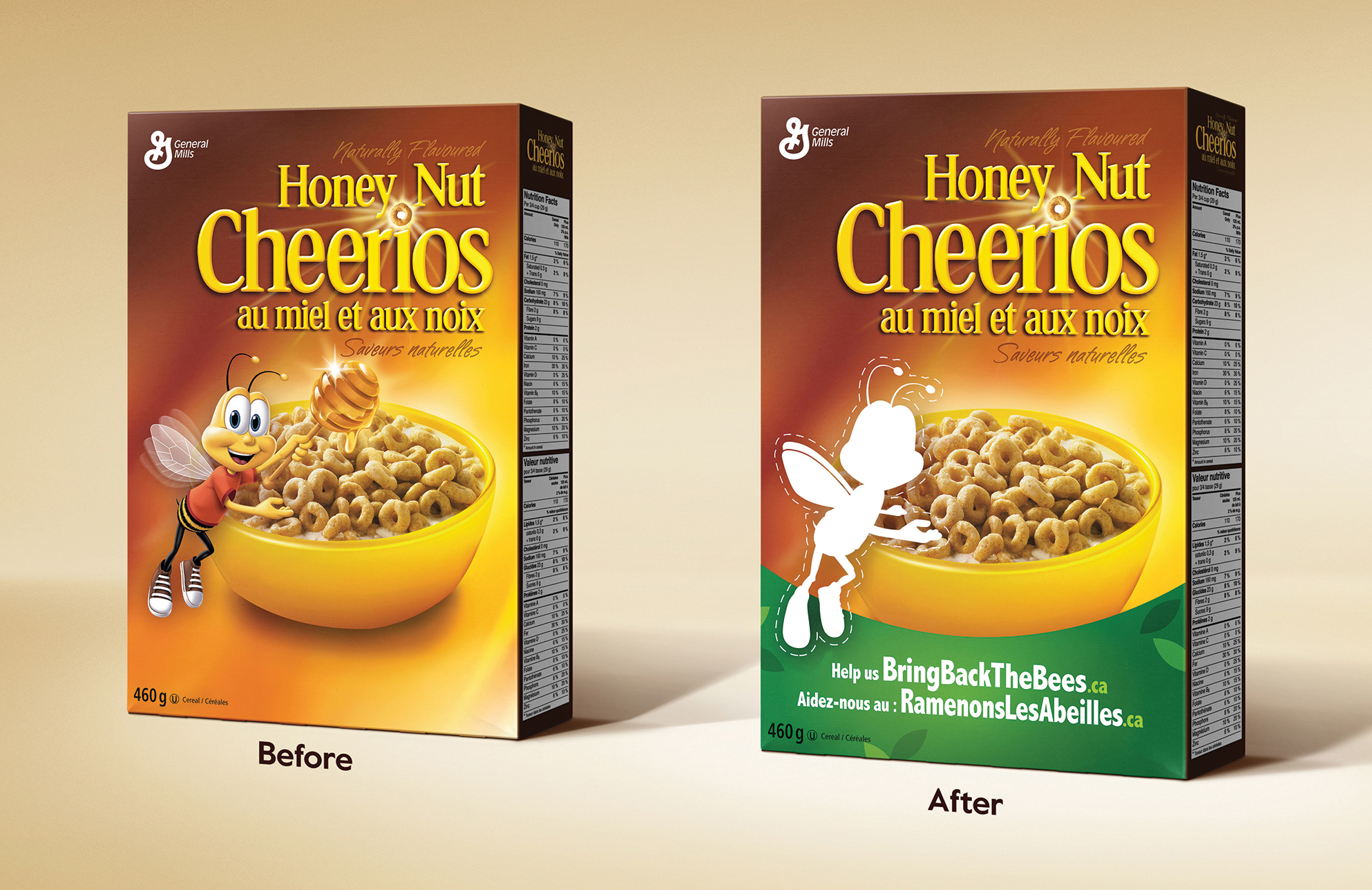 Before and after photos of cereal boxes from Honey Nut Cheerios' 'Bring Back the Bees' campaign
